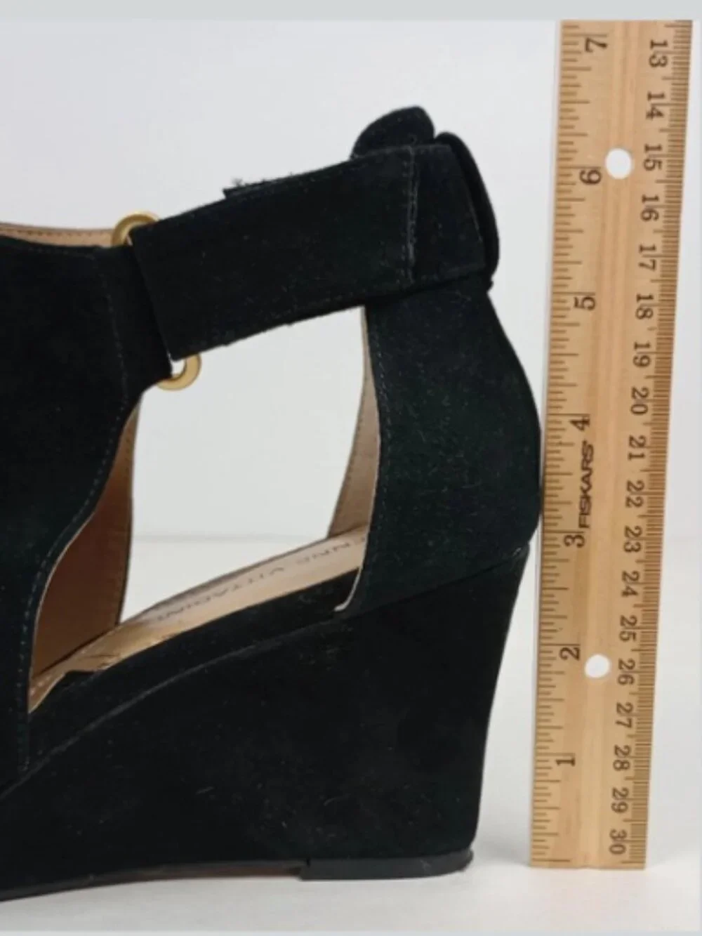 Adrienne Vittadini Women 8.5M Black Fine Leather‎ Suede Ankle Wedge Heel Sandals
